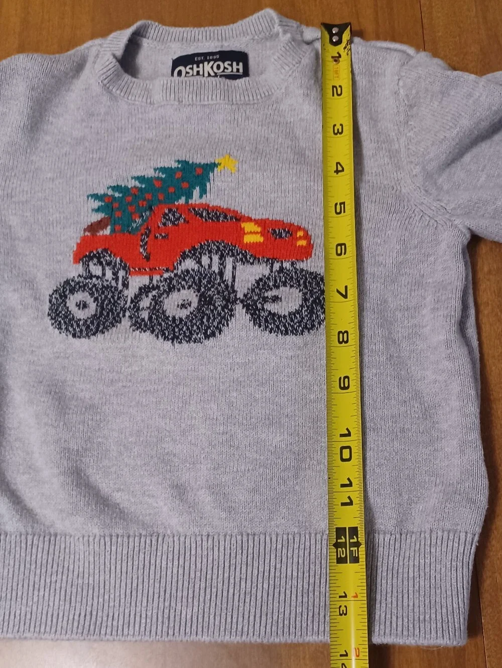 OshKosh B'Gosh Christmas Sweater Boys 3T Gray Red Monster Truck Tree Holiday